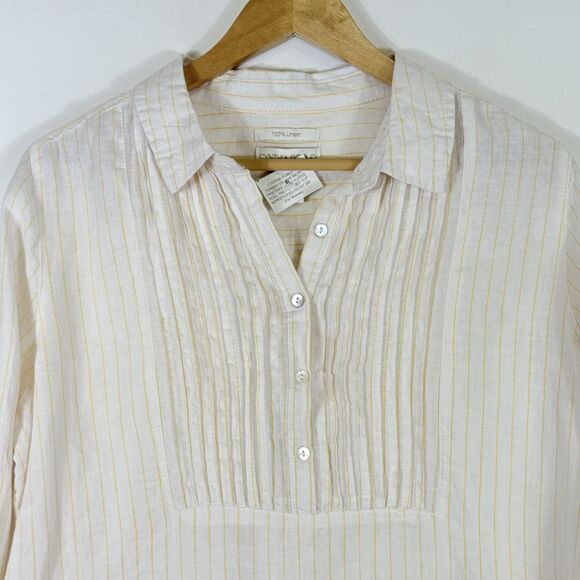 NEW Cynthia Rowley Womens Medium Yellow White Stripe Linen Pleated Shirt‎ Top - Picture 3 of 8